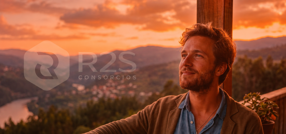 Homem observando a paisagem ao pôr do sol representando a decisão de vender um consórcio cancelado e recuperar seu dinheiro com segurança.