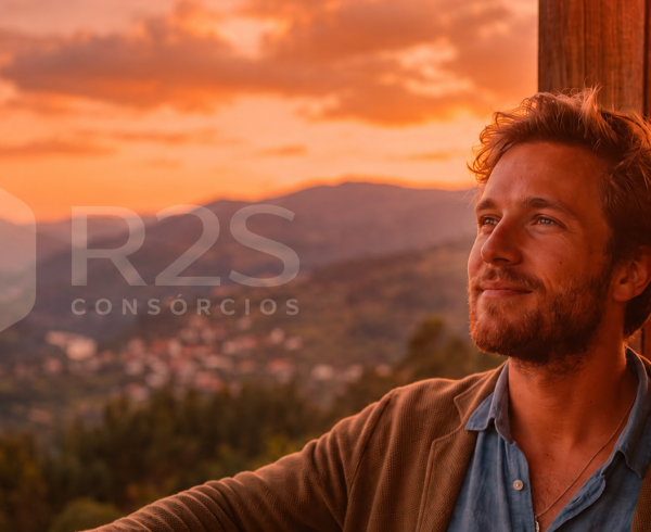 Homem observando a paisagem ao pôr do sol representando a decisão de vender um consórcio cancelado e recuperar seu dinheiro com segurança.