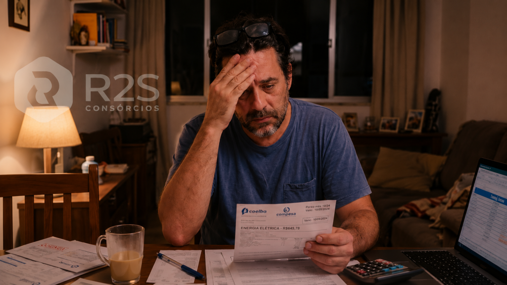 Homem preocupado analisando contas em casa enquanto busca alternativas para recuperar o dinheiro de um consórcio cancelado.