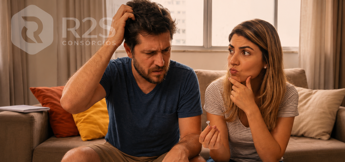 Casal preocupado analisando a situação financeira e avaliando se vender um consórcio em andamento é a melhor alternativa para evitar prejuízos.