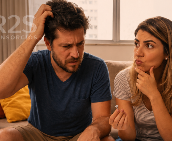 Casal preocupado analisando a situação financeira e avaliando se vender um consórcio em andamento é a melhor alternativa para evitar prejuízos.